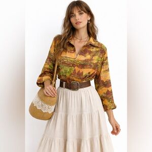 Vintage Peachskin Troy California Western Scenic Print Shirt Top 70s Orange M